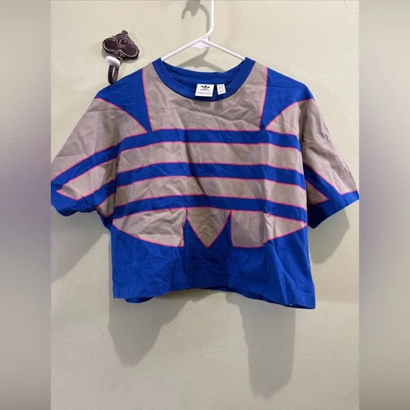 Adidas Blue and Gray Striped Crop Top - Picture 1 of 5
